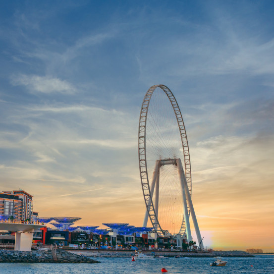 Modern design of a huge Ferris wheel at Bluewaters island in Dubai.
