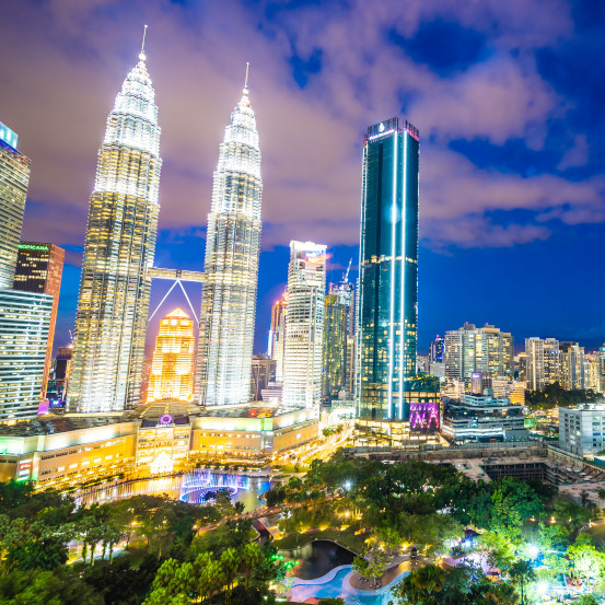 Beautiful architecture building exterior in Kuala Lumpur city in Malaysia for travel at twilight night